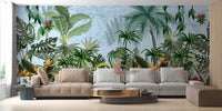 Green Wild Jungle Plants Peel and Stick Murals behind a long brown sectional sofa.