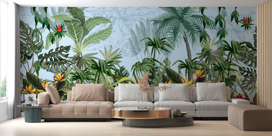 Green Wild Jungle Plants Peel and Stick Murals behind a long brown sectional sofa.