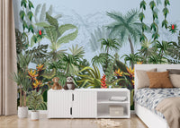 Green Wild Jungle Plants Peel and Stick Murals with white storage units and toys.