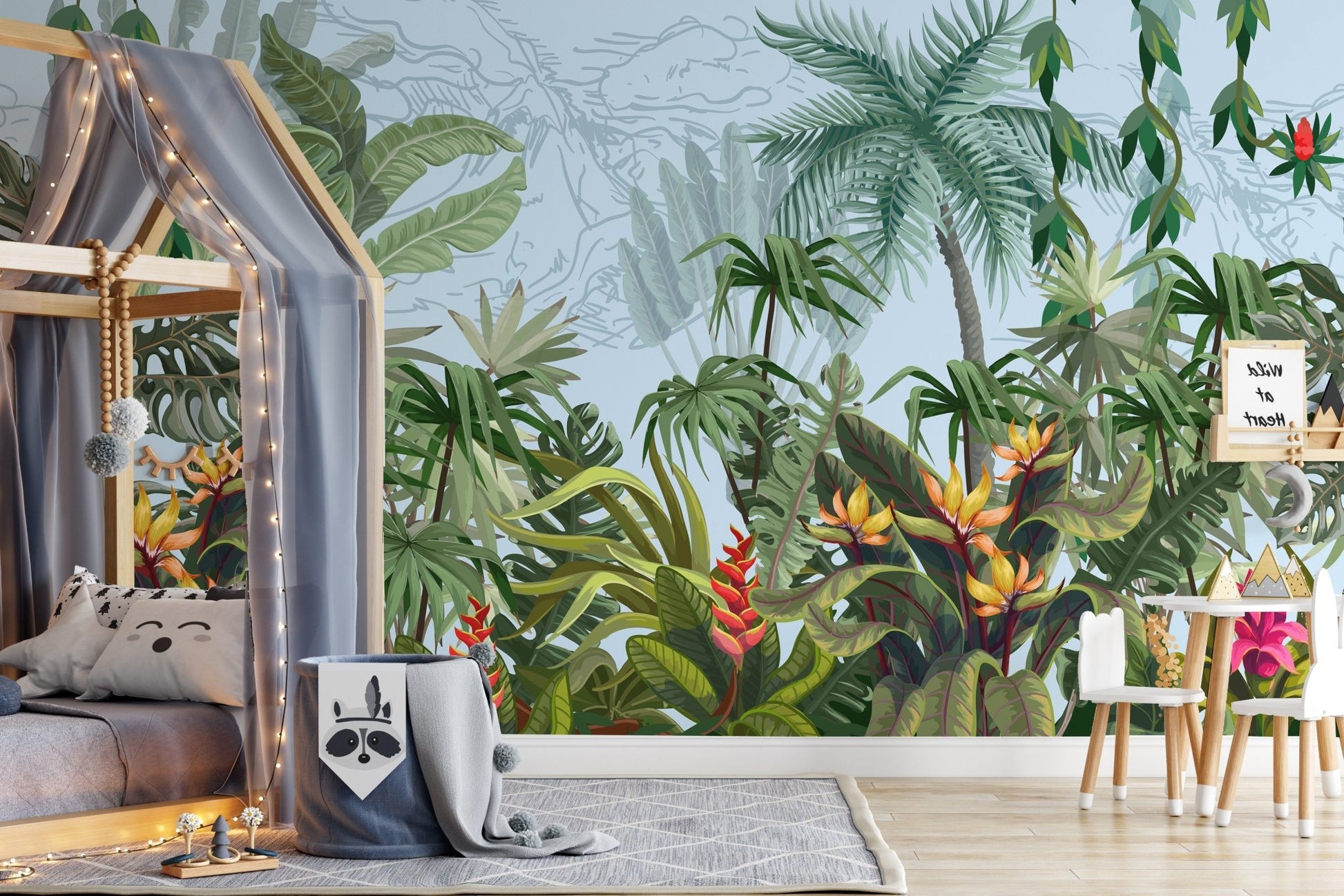 Tropical palm leaf wall mural behind a wooden house-shaped bed in a nursery.