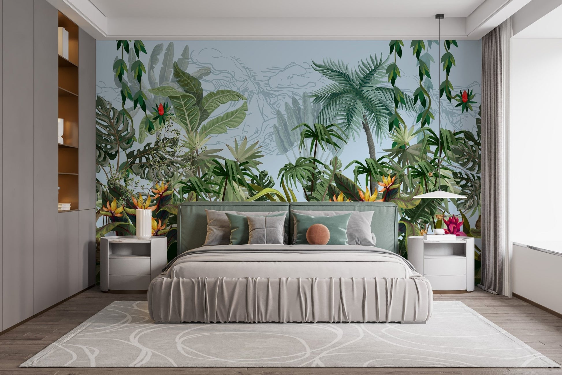 Large scale jungle mural on a master bedroom feature wall with grey bedding.