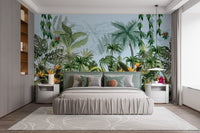 Large scale jungle mural on a master bedroom feature wall with grey bedding.