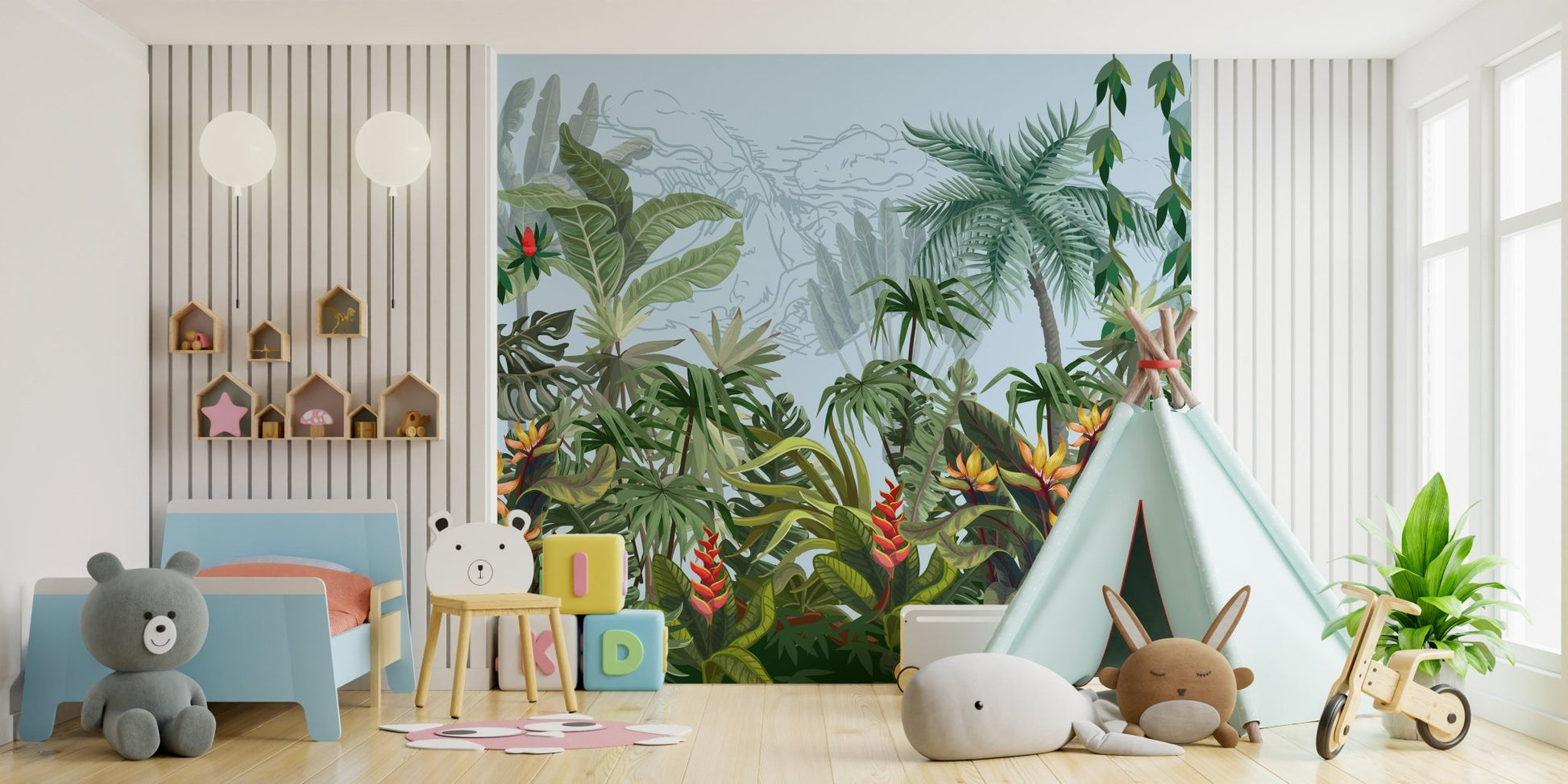 Jungle themed wall mural with green plants and blue background in a play area.