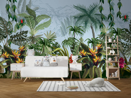 Green Wild Jungle Plants Peel and Stick Murals in a kids playroom with a white sofa.