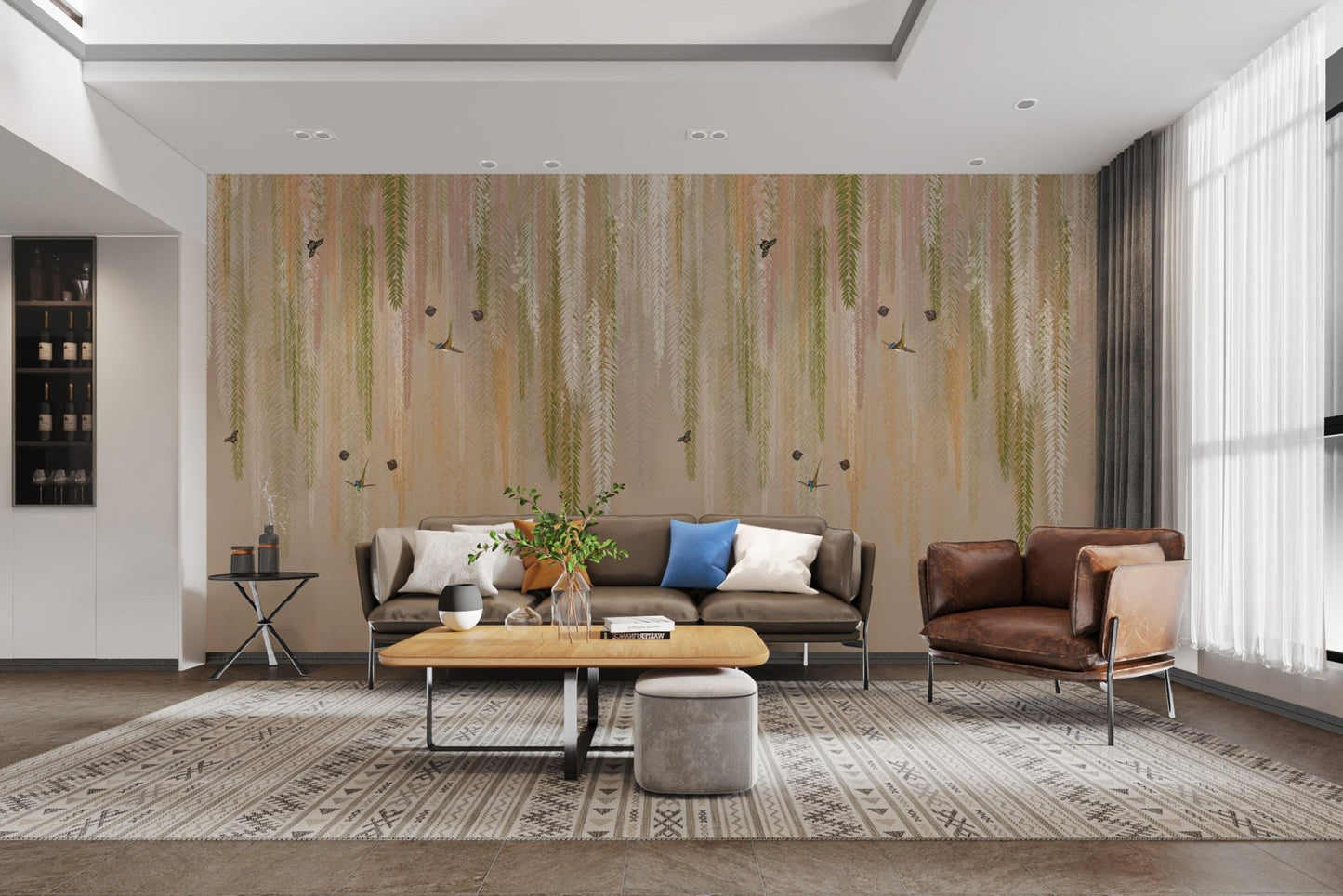 Muted green wisteria pattern for a contemporary feature wall mural wallpaper.