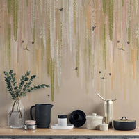 Vertical hanging vine design on a green wisteria wall mural wallpaper.