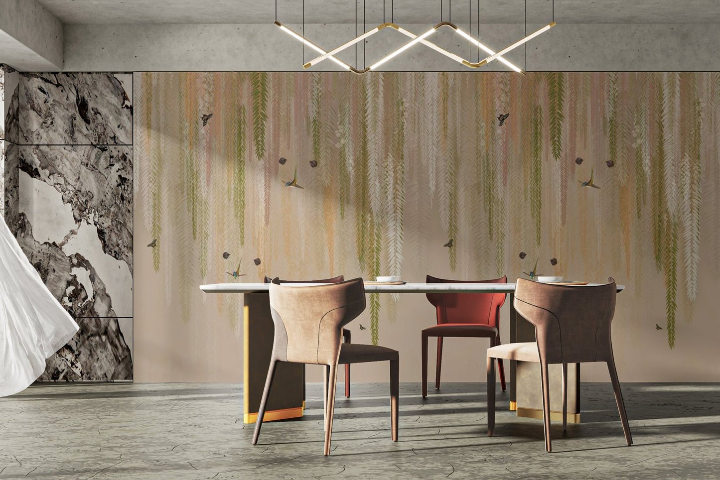 Modern apartment wall decor with green wisteria floral mural wallpaper.