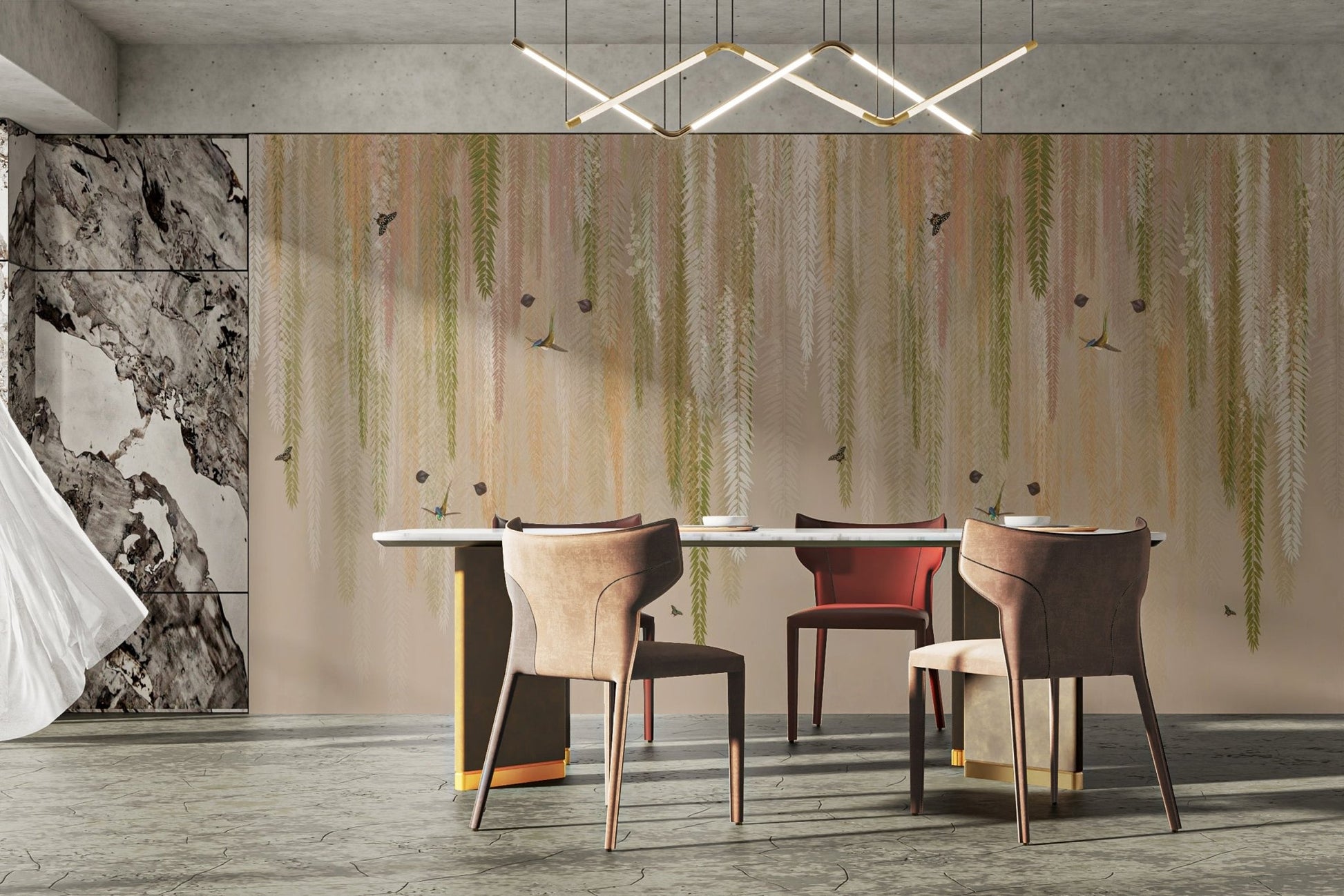 Modern apartment wall decor with green wisteria floral mural wallpaper.