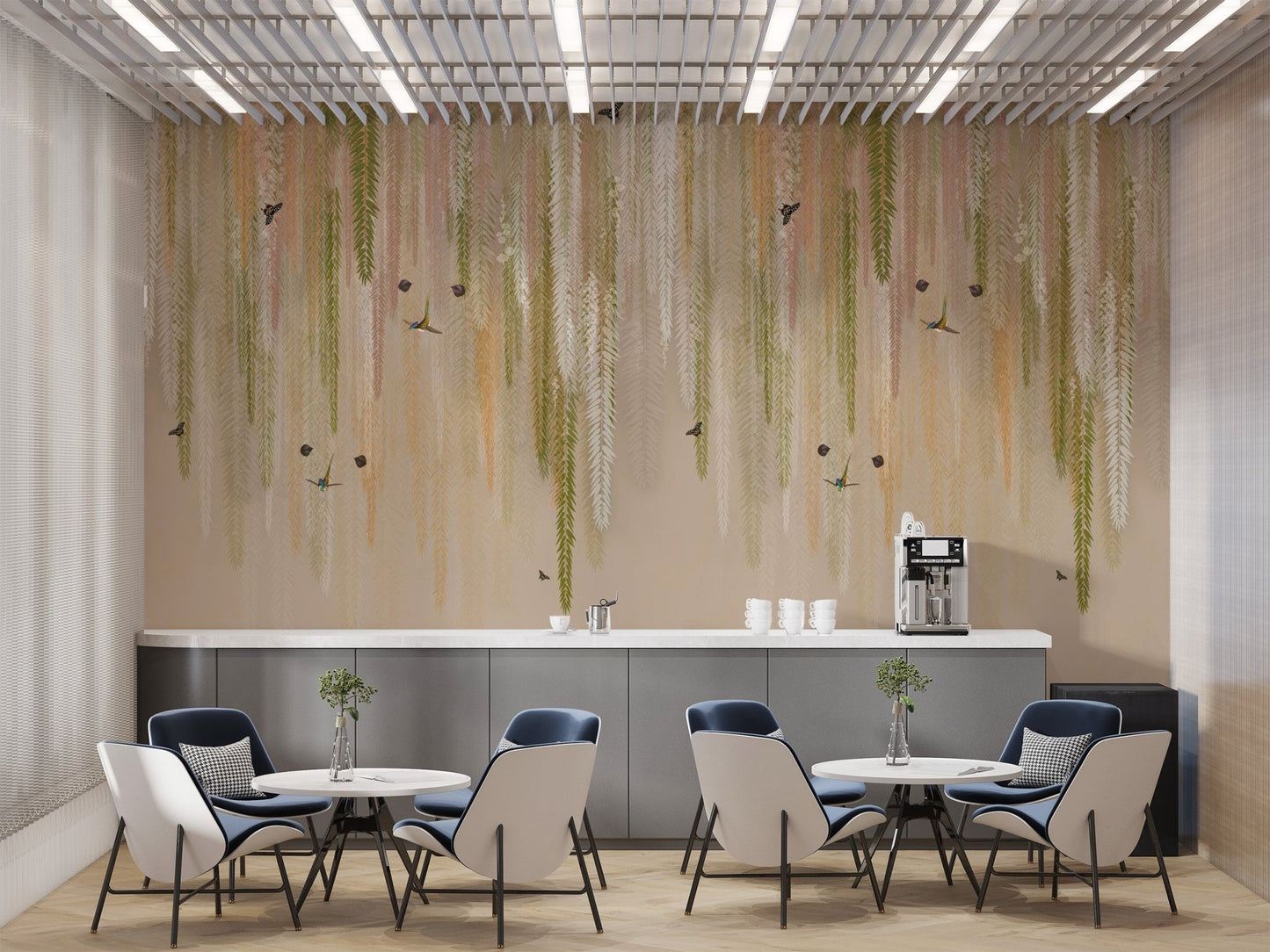 Calm botanical scene wallpaper mural for minimalist interior design wallpaper.