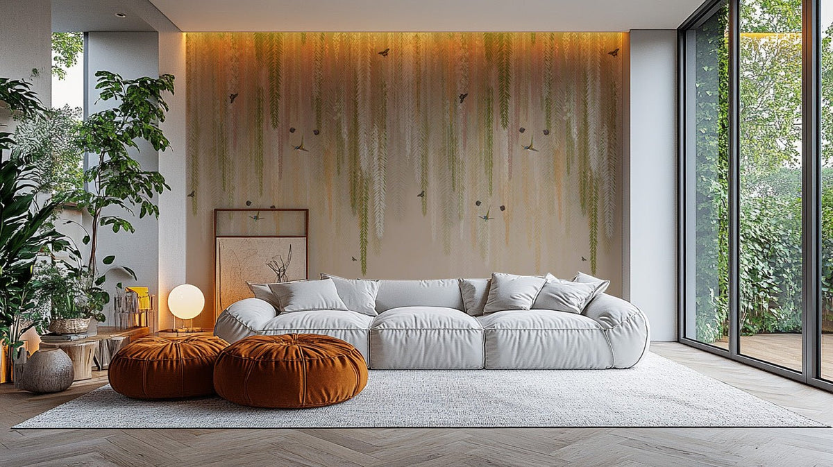 Green wisteria wallpaper mural with cascading vines and butterflies wallpaper.