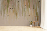 Detailed green wallpaper mural with fluttering butterflies and birds wallpaper.