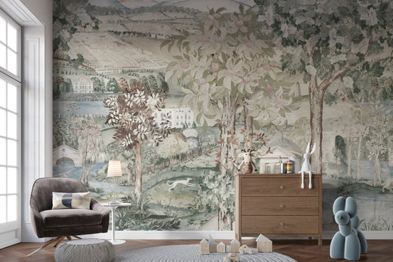 Green zoffany art wallpaper featuring a vintage landscape with unicorns and trees.