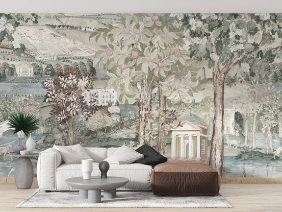 Traditional green zoffany mural wallpaper with a layered landscape and soft watercolor finish.