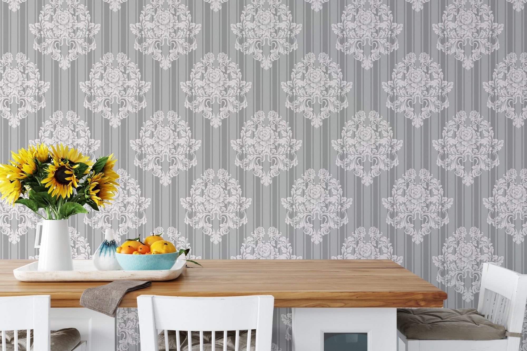 Grey and white vintage ornaments damask pattern wallpaper in a dining room.