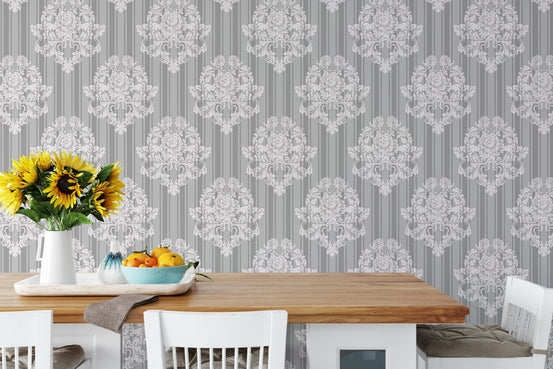 Grey and white vintage ornaments damask pattern wallpaper in a dining room.