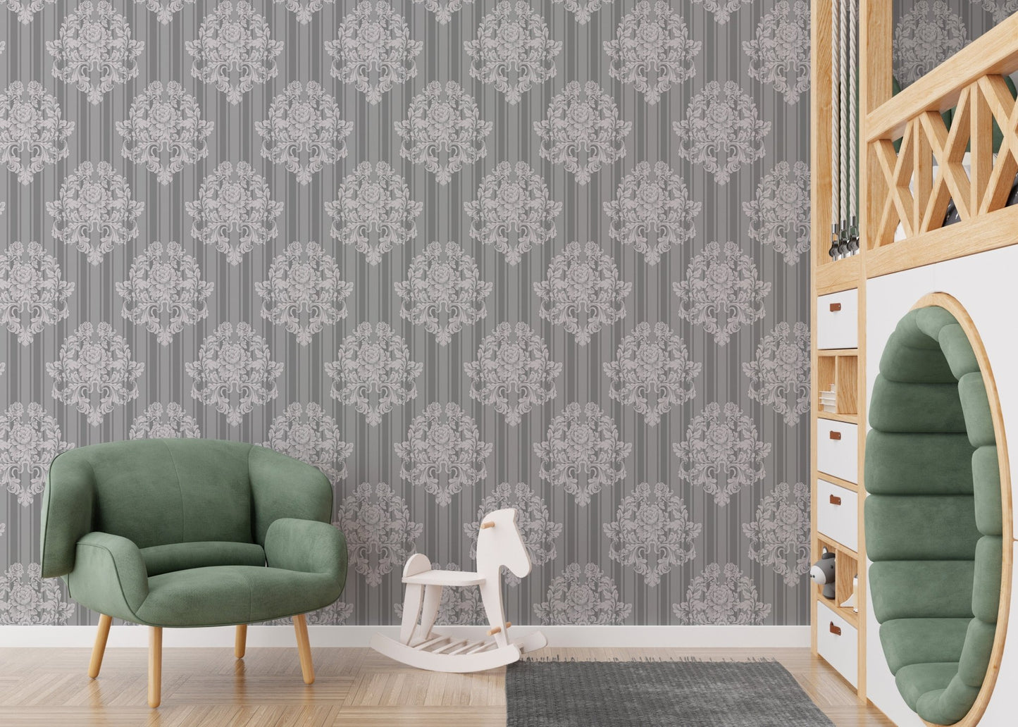 Grey damask pattern wallpaper in a kids playroom with a green chair.