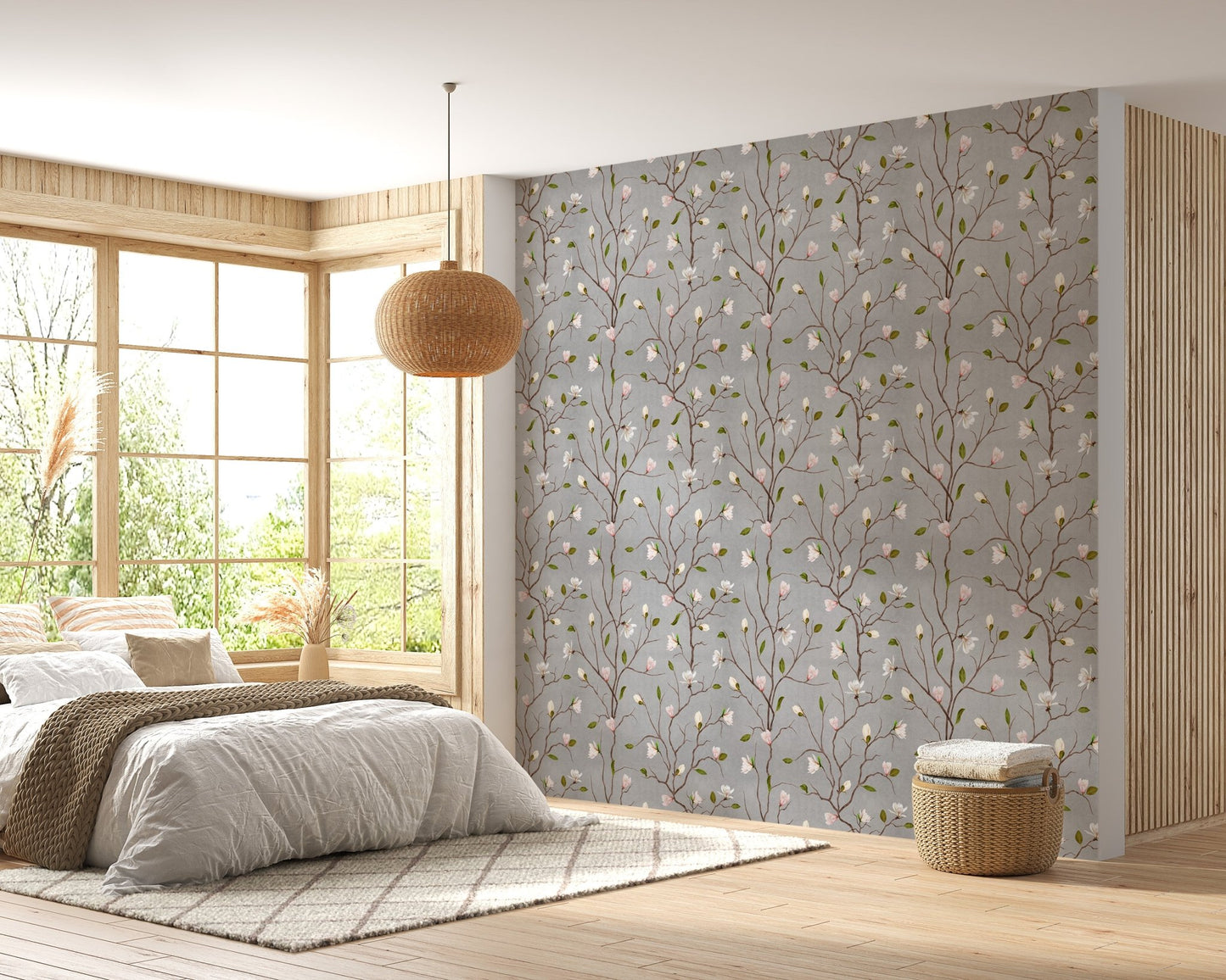 Magnolia tree flower wallpaper in a minimalist bedroom with a large window.