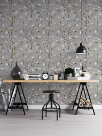 Grey Chinoiserie Pattern Magnolia Tree Flower Wallpaper in a home office workspace.