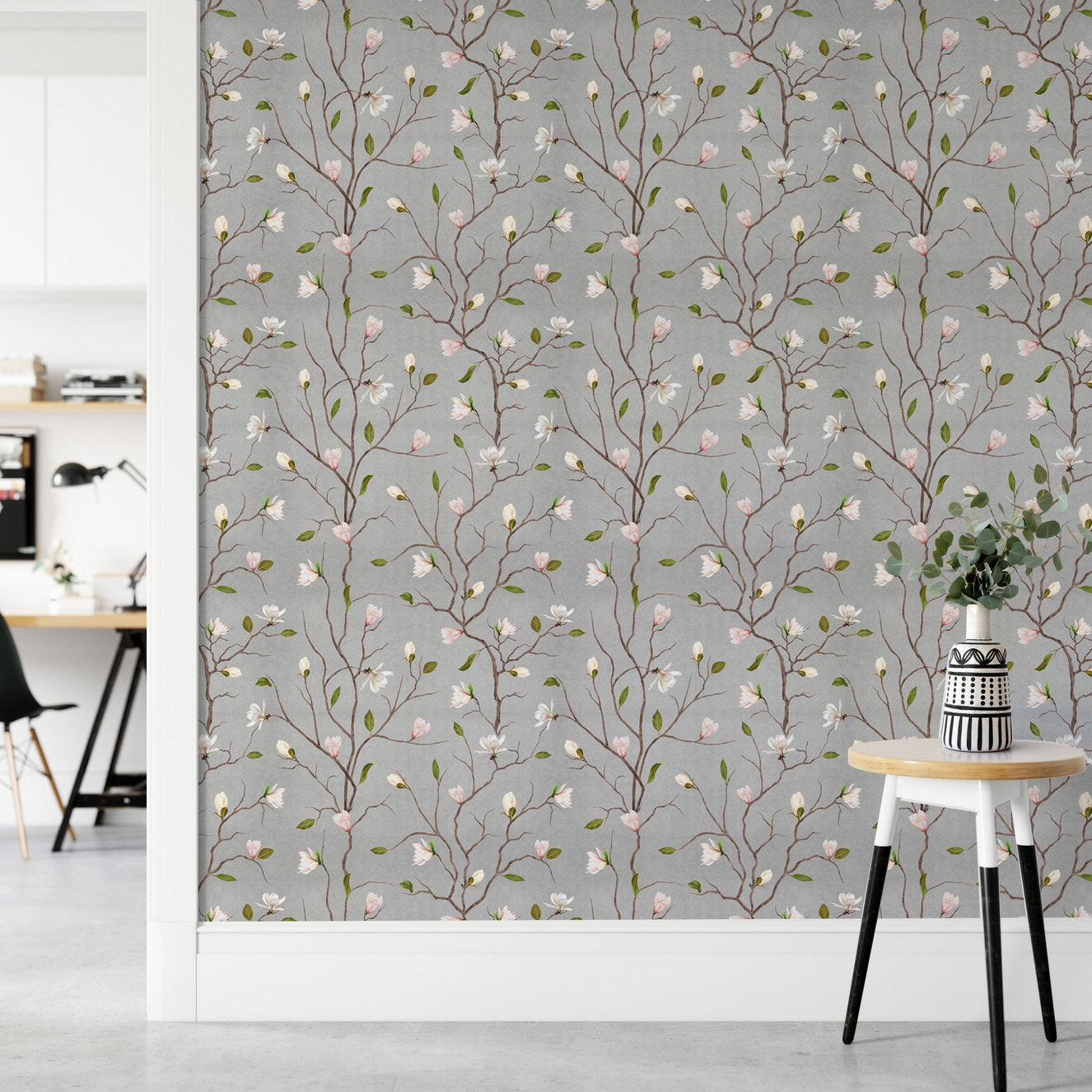 Grey Chinoiserie Pattern Magnolia Tree Flower Wallpaper