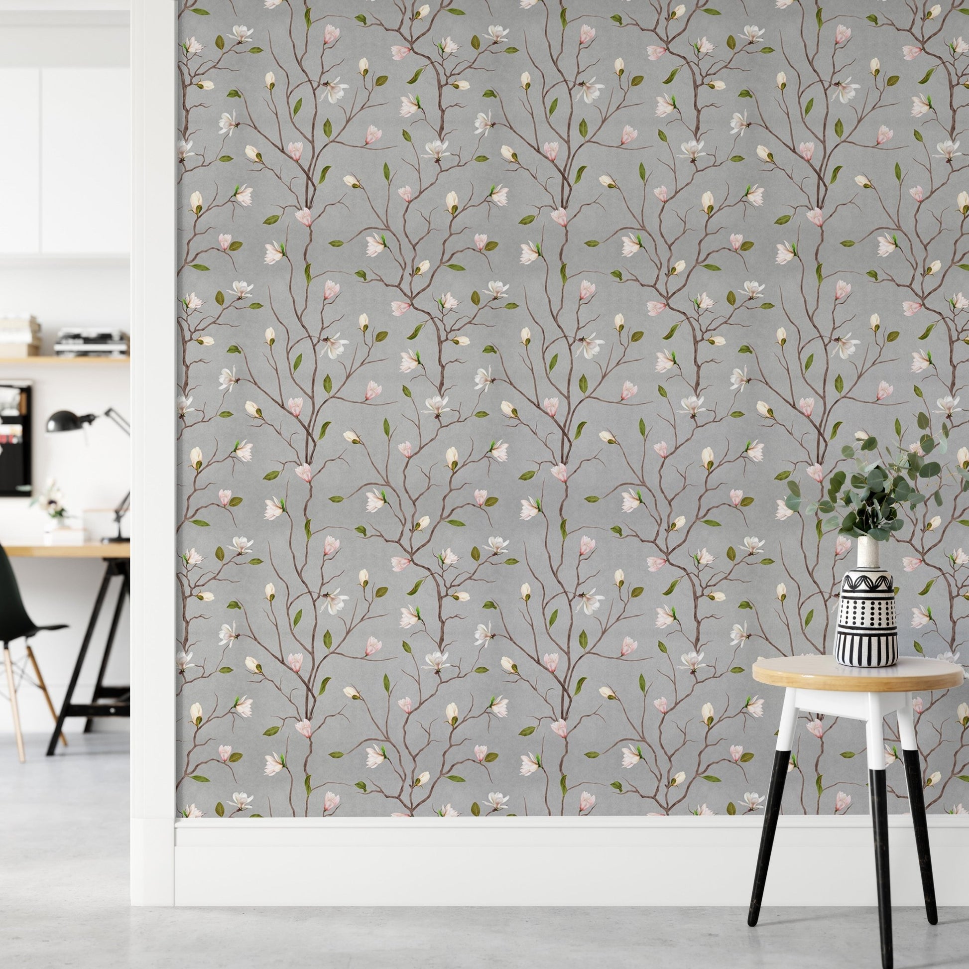 Grey Chinoiserie Pattern Magnolia Tree Flower Wallpaper in a modern hallway.