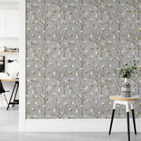 Grey Chinoiserie Pattern Magnolia Tree Flower Wallpaper in a modern hallway.