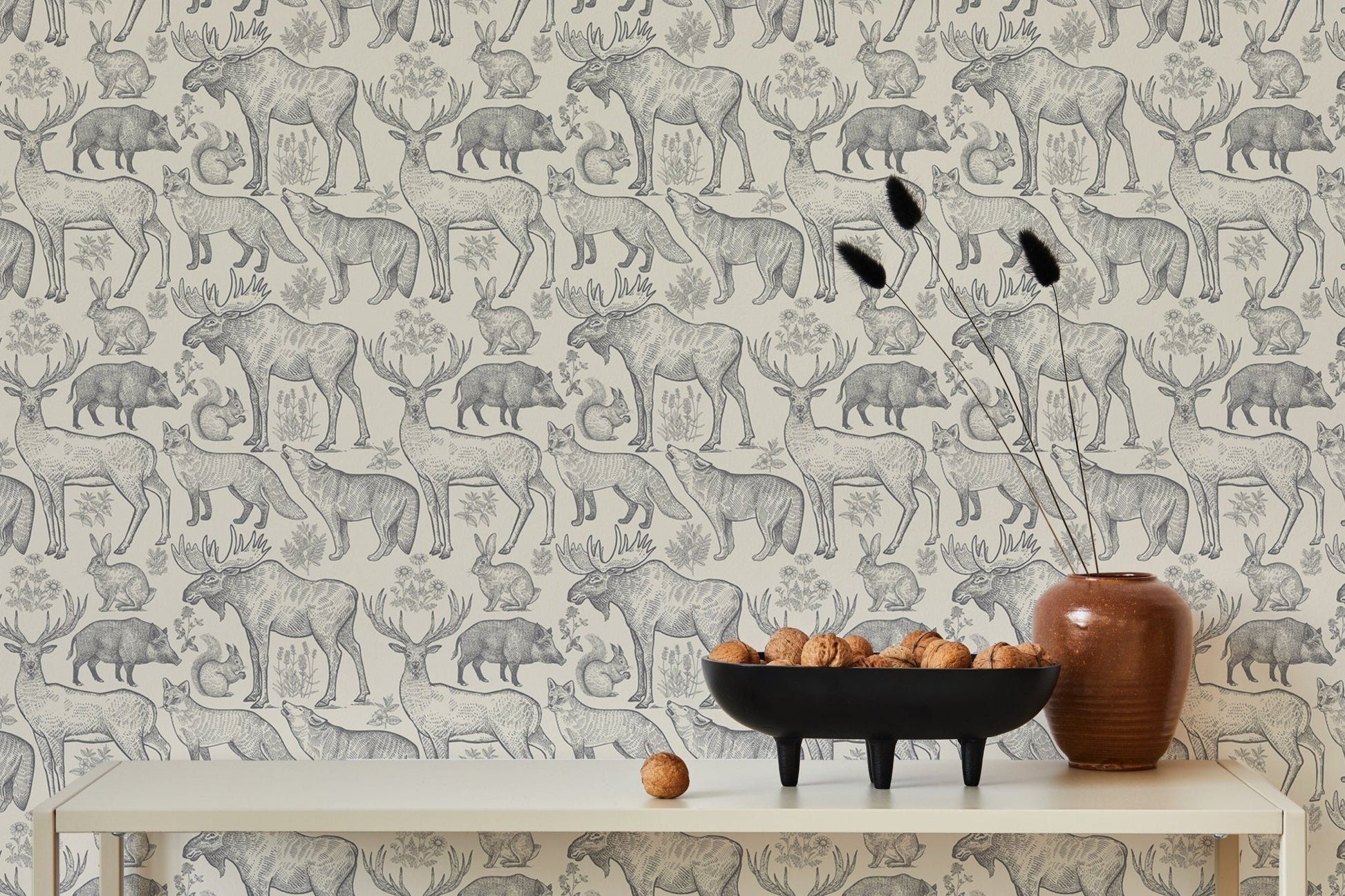 Stylish removable wallpaper with animals and botanical elements in minimalist hallway.