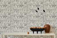 Stylish removable wallpaper with animals and botanical elements in minimalist hallway.