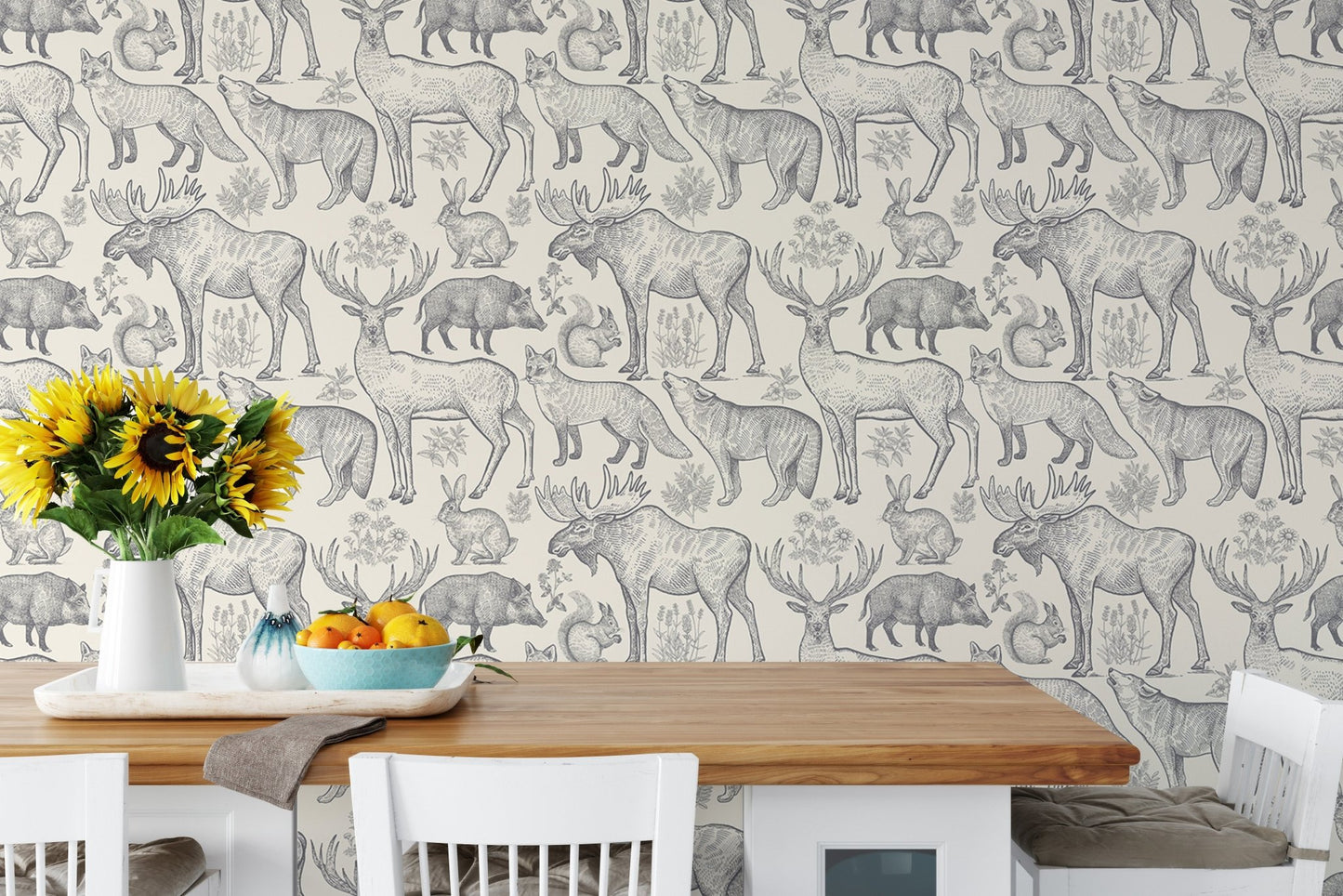 Grey-themed wallpaper showcasing nature and wildlife in dining room.