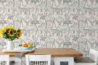 Grey-themed wallpaper showcasing nature and wildlife in dining room.