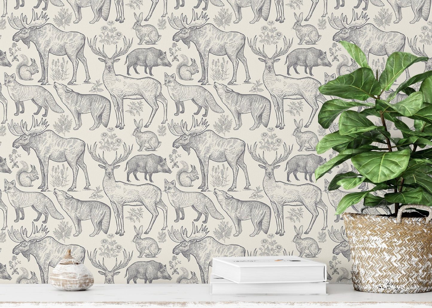 Removable wallpaper with grey animal and plant patterns in study space.
