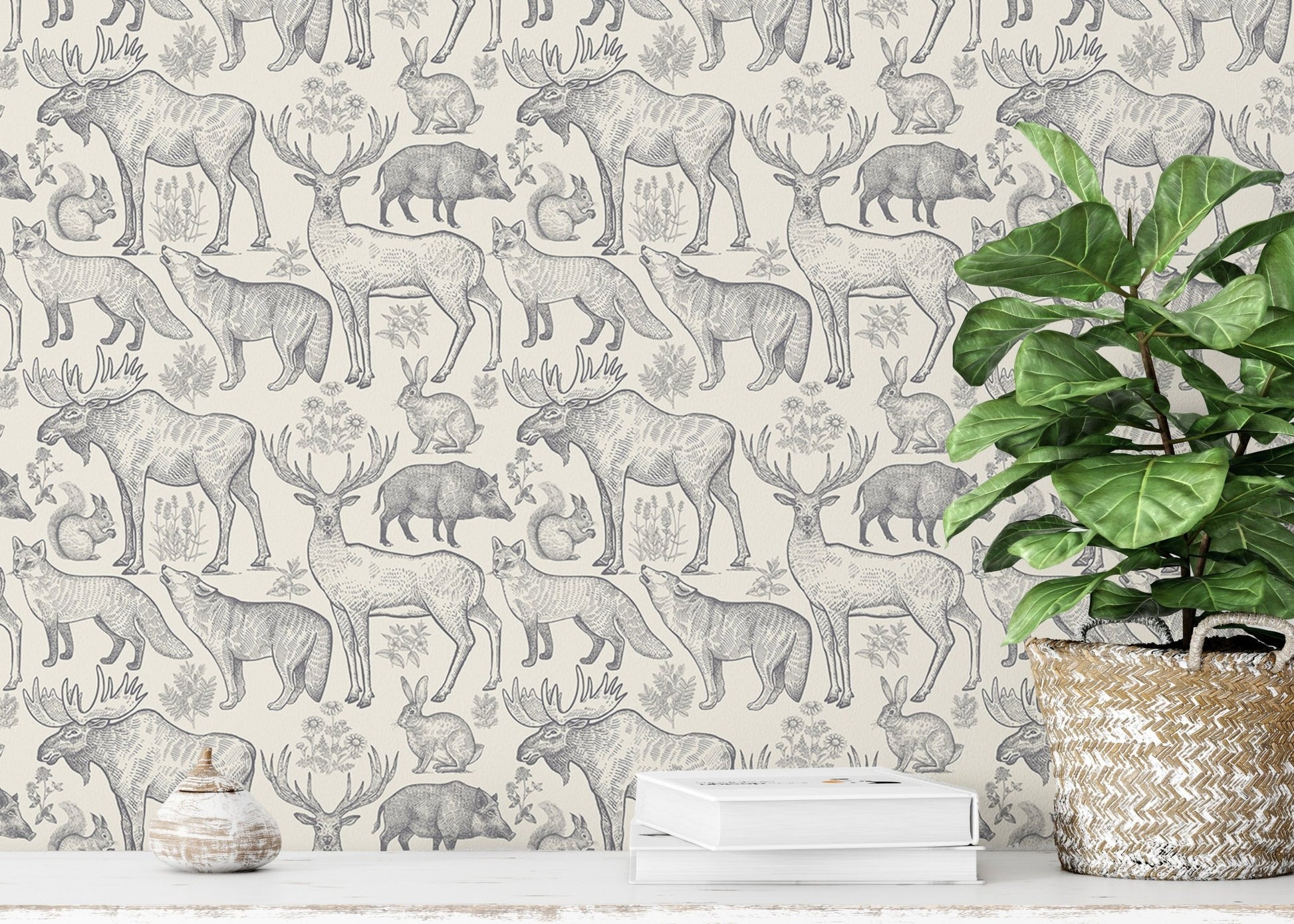 Removable wallpaper with grey animal and plant patterns in study space.