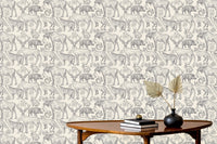 Entryway wall featuring detailed animal sketches on a grey color wallpaper.