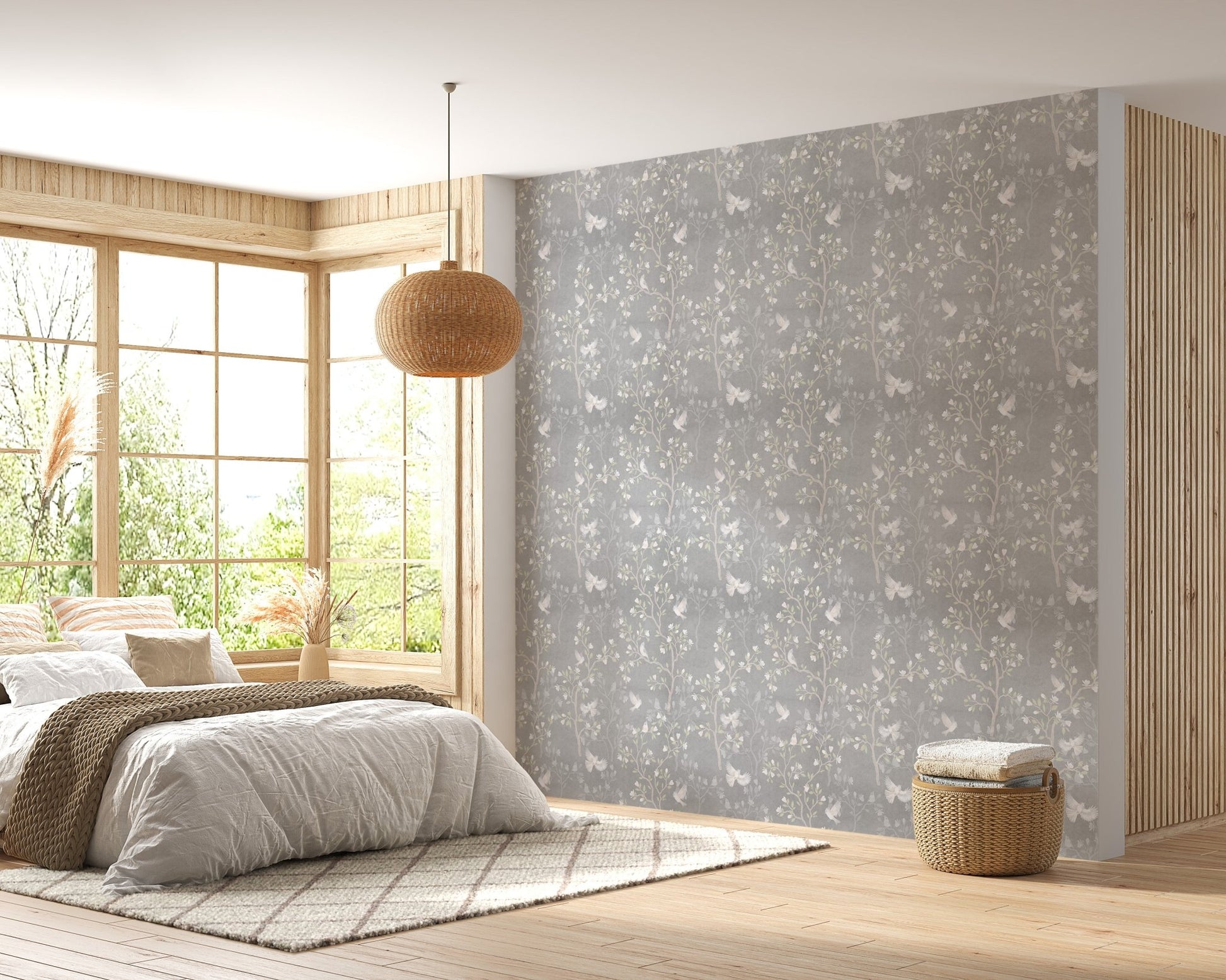 Modern apartment living room styled with a grey floral bird wallpaper.