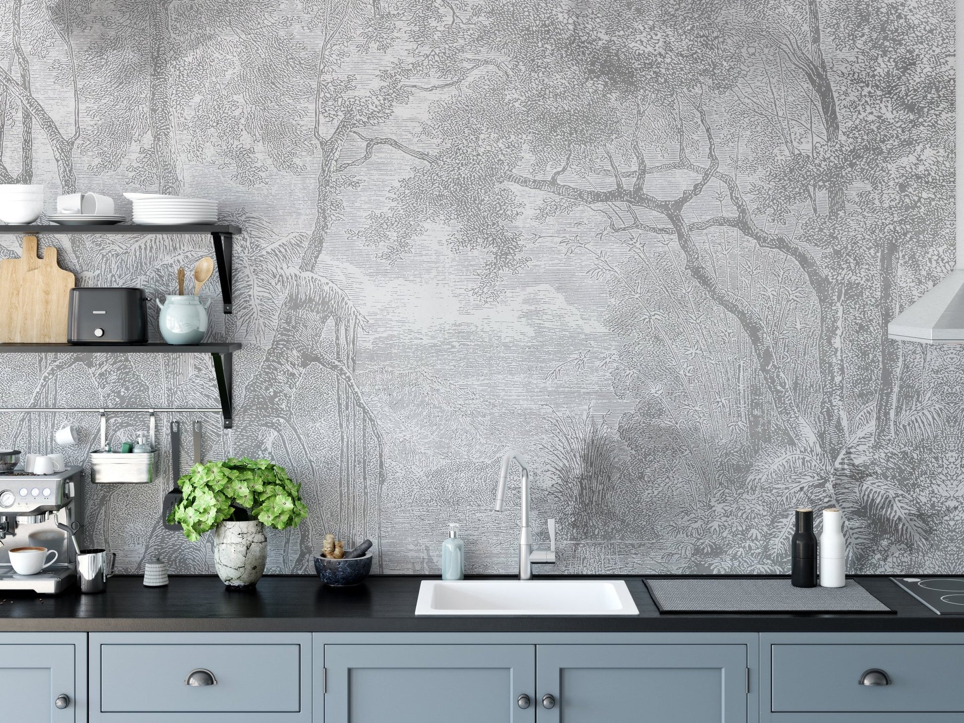 Pencil sketch forest wall mural used as a backsplash in a modern grey kitchen.