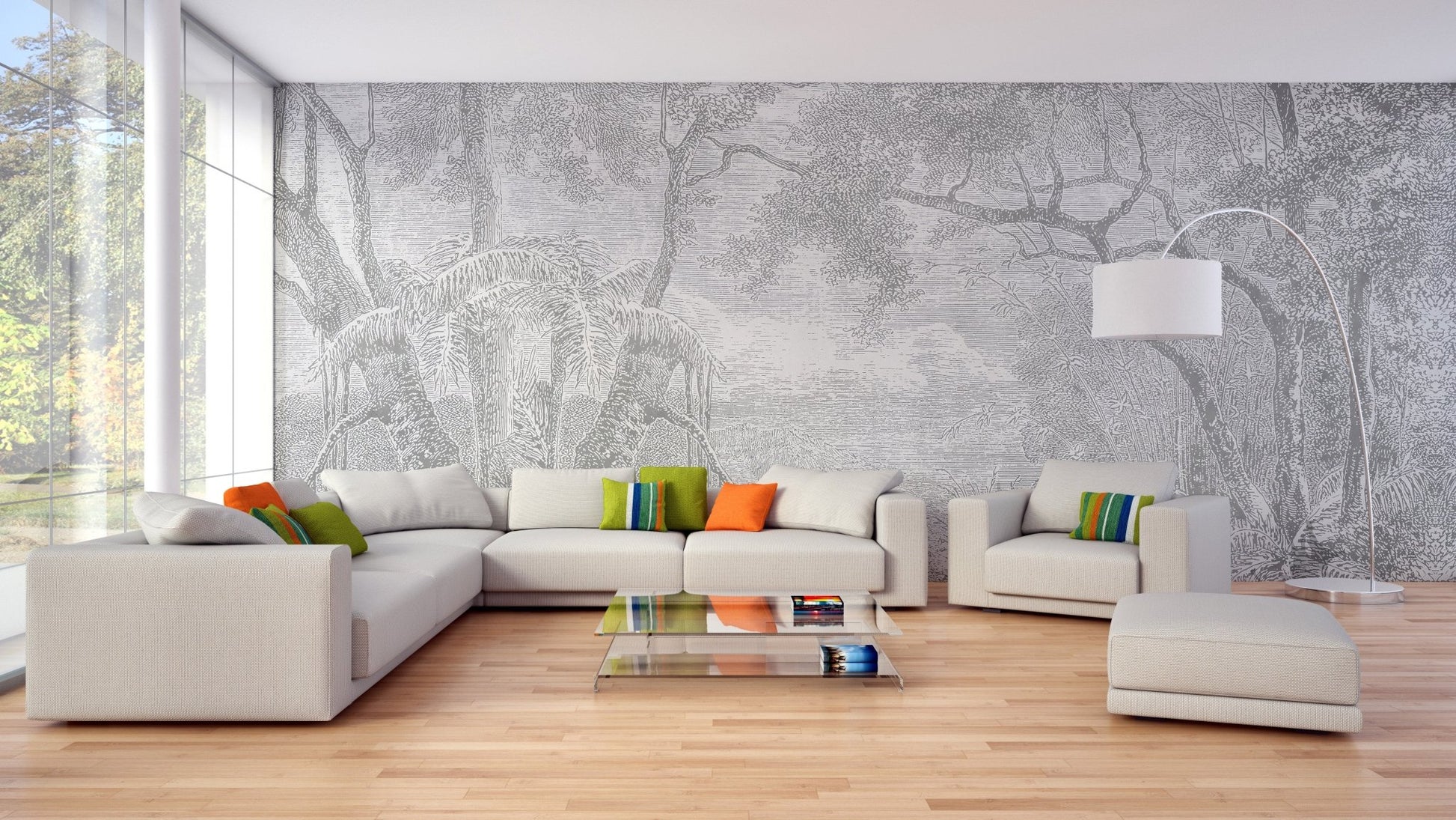 Large grey tree sketch wall mural in a modern living space with a white sectional sofa.