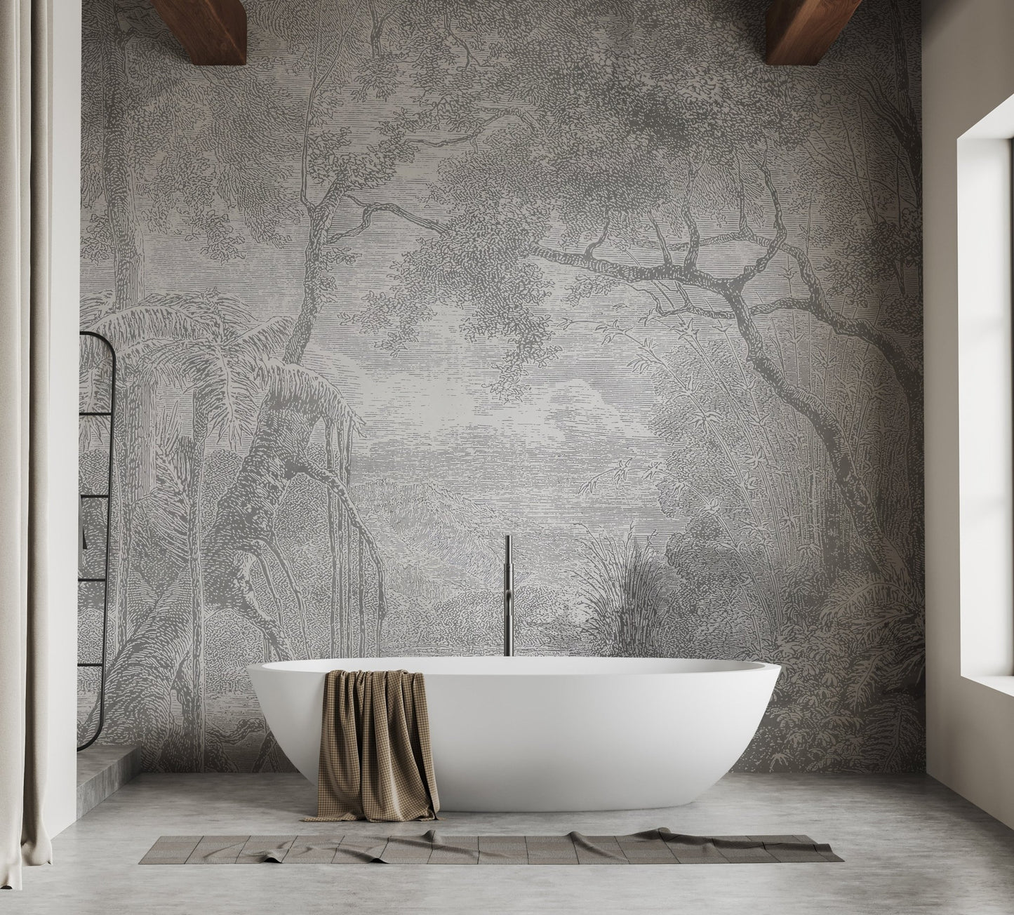 Artistic grey forest wall mural in a bathroom with a freestanding white bathtub.