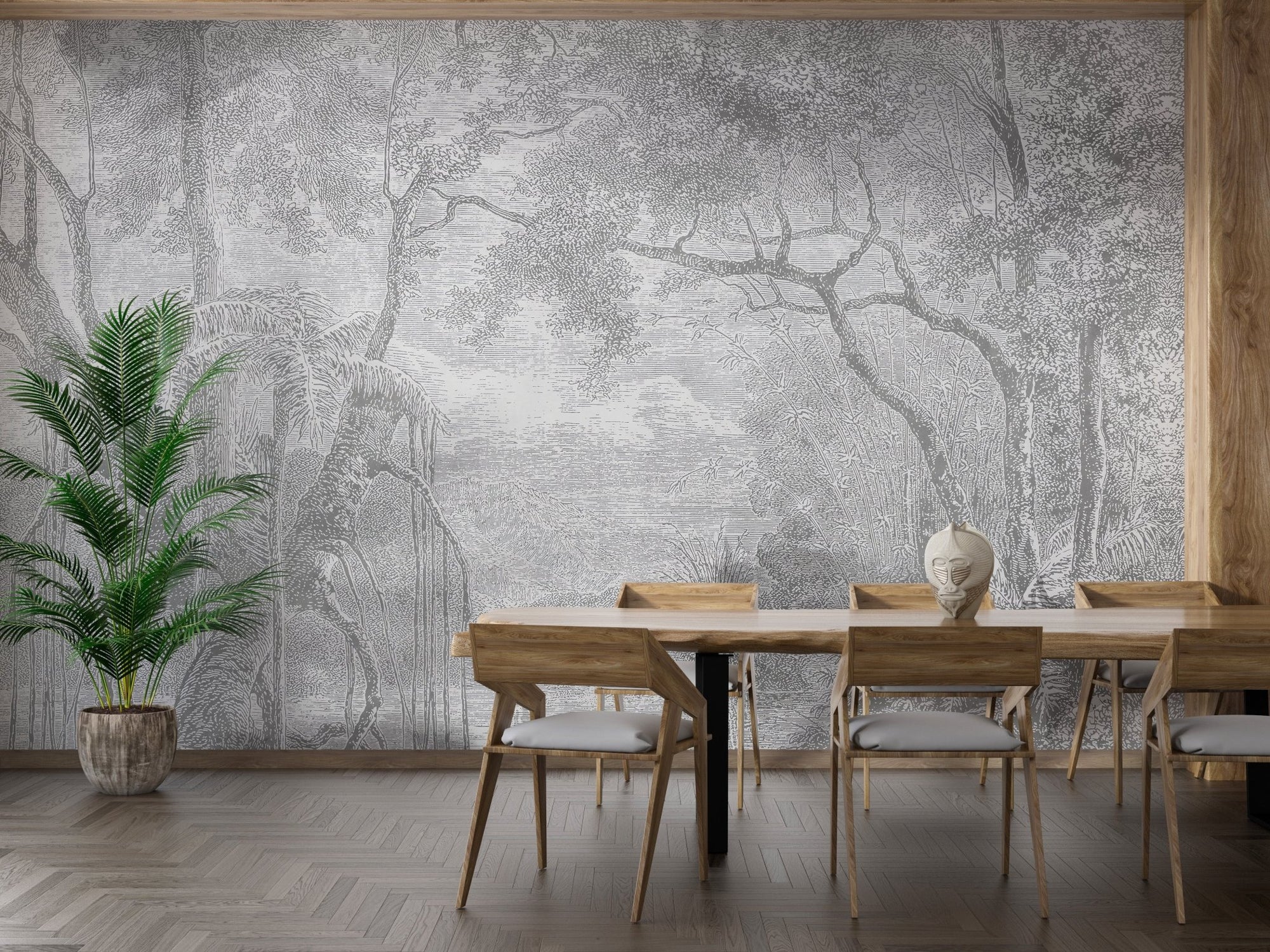 Grey color nature view sketch forest wall mural in a formal dining room area.