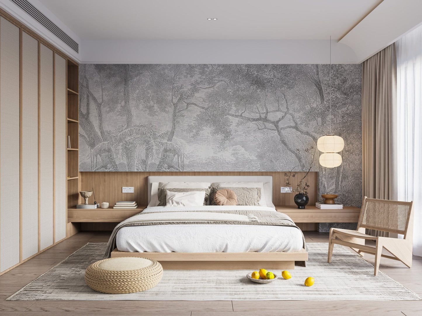 Vintage style charcoal forest mural behind a wooden bed frame in a master bedroom.