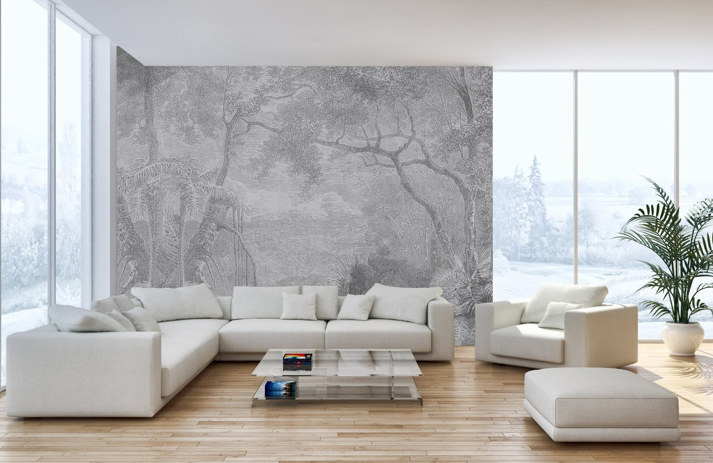 Minimalist grey nature wall mural in a bright living with floor-to-ceiling windows.