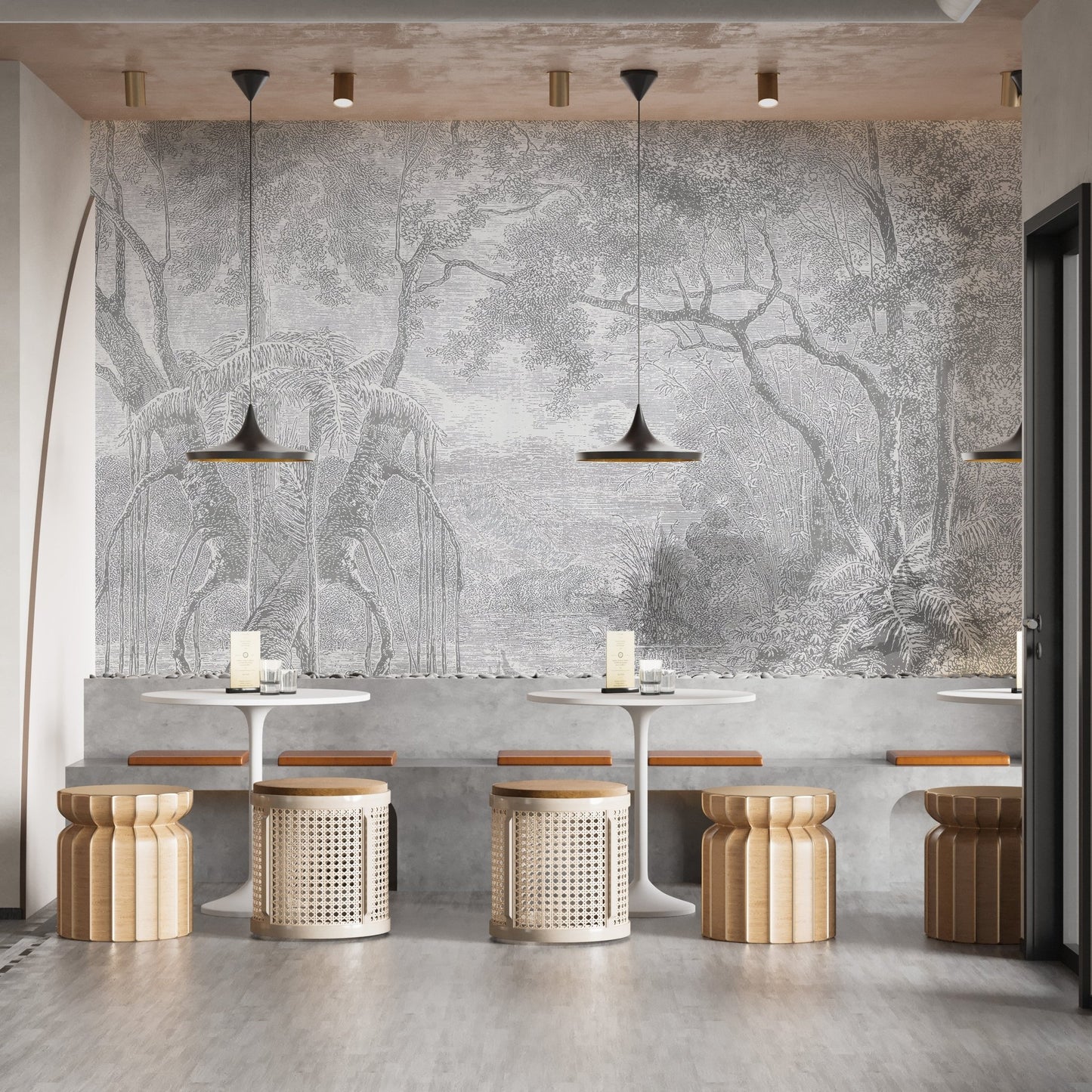 Grey color nature view sketch forest wall mural in a cafe with wooden stools.