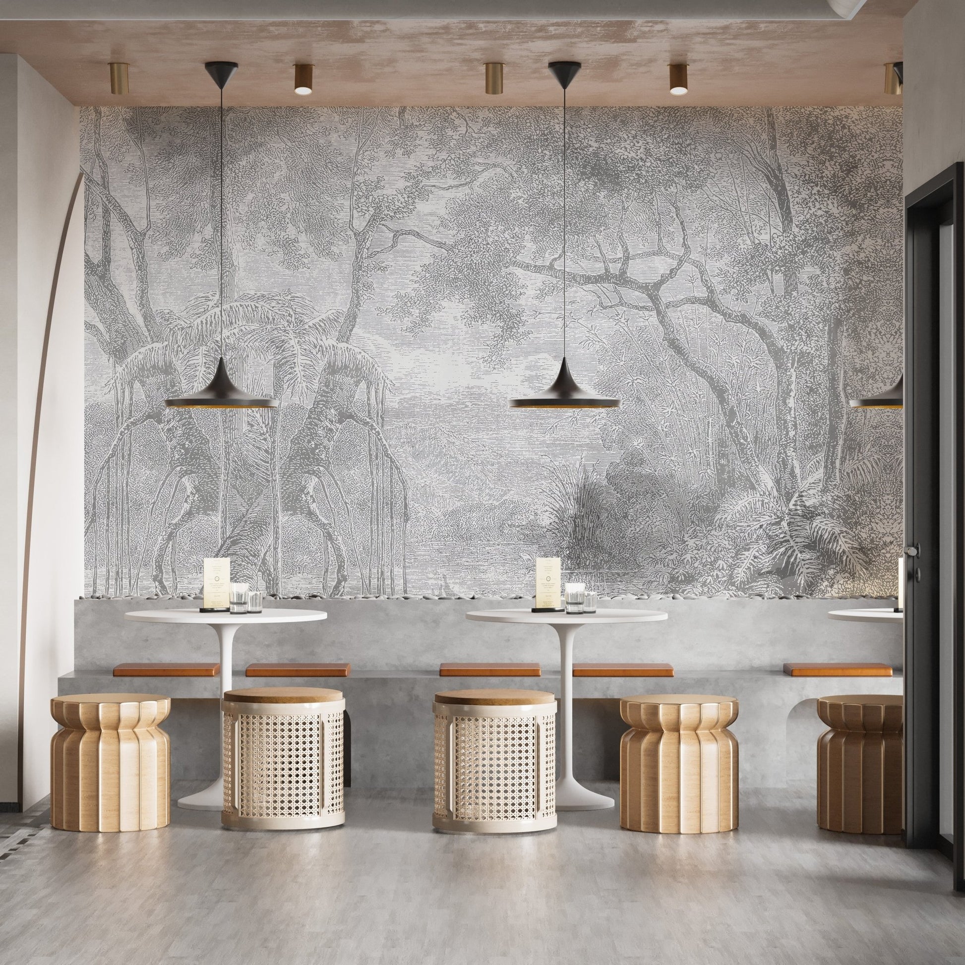 Grey color nature view sketch forest wall mural in a cafe with wooden stools.