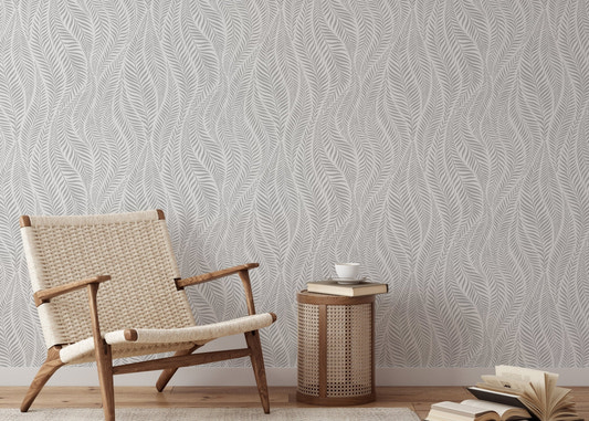 Grey Color Palm Leaves Modern Stylish Wallpaper in a minimalist reading with a wooden chair.