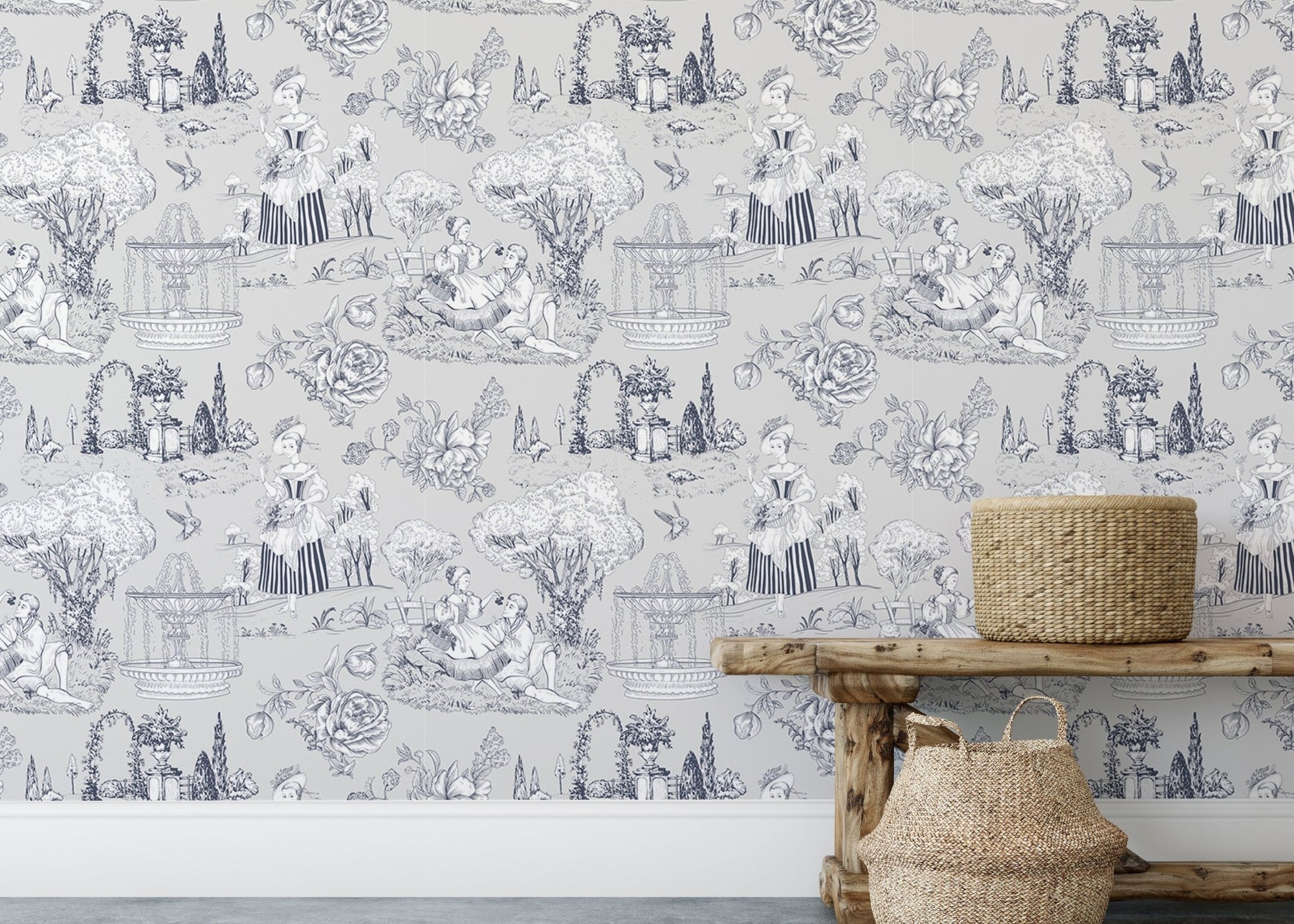 Grey Color Trees Digital Textile Pattern Toile Wallpaper behind a rustic wooden bench.