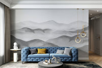 Painted style misty landscape wall mural for modern hallway.