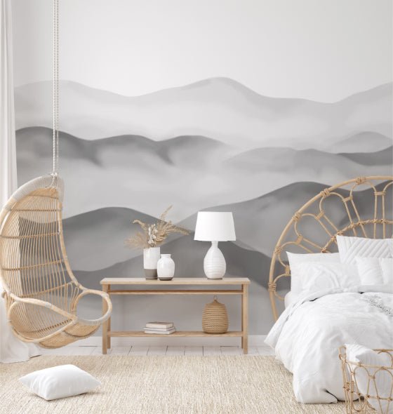 Monochromatic mountain landscape wall mural for modern bedroom.