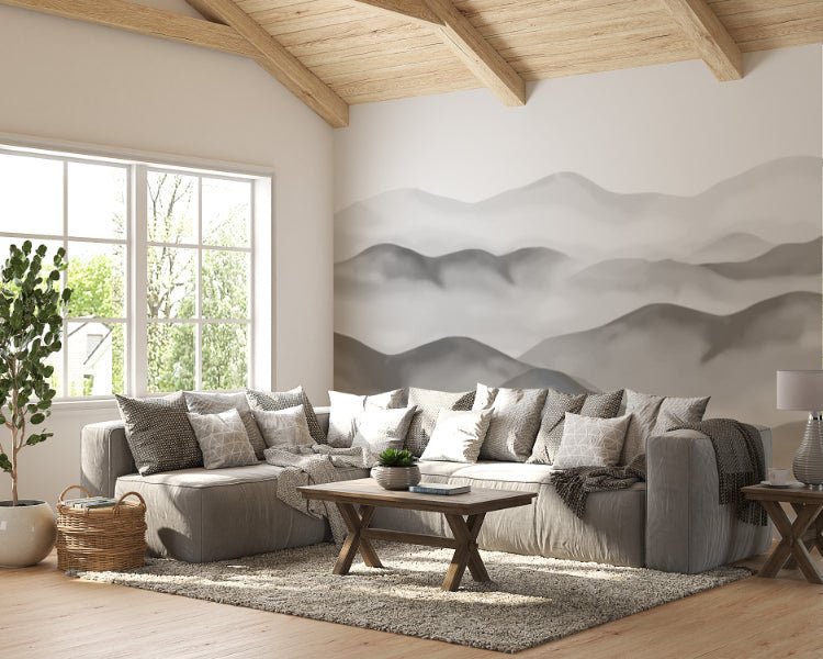 Layered mountain peaks in grey tones wall mural for interior living spaces.
