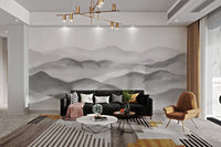 Abstract grey rolling hills wall mural for minimalist home living room.