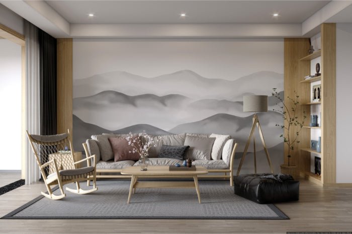 Dark and light grey mountain silhouette wall mural for bright living room.