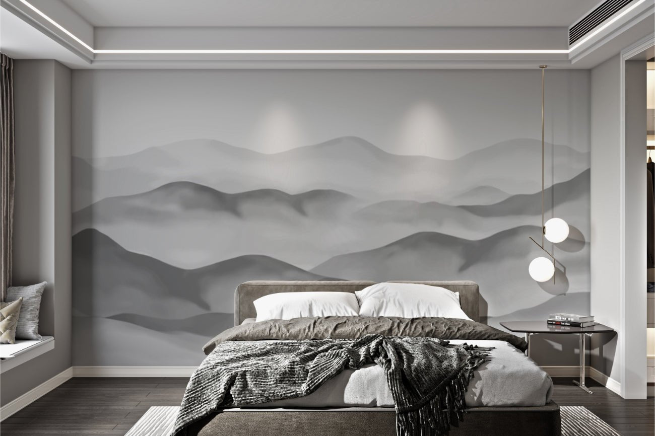 Minimalist foggy hills drawing wall mural designed for bedrooms.