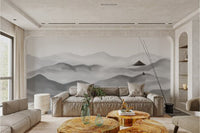 Light grey foggy peaks wall mural suitable for contemporary living spaces.